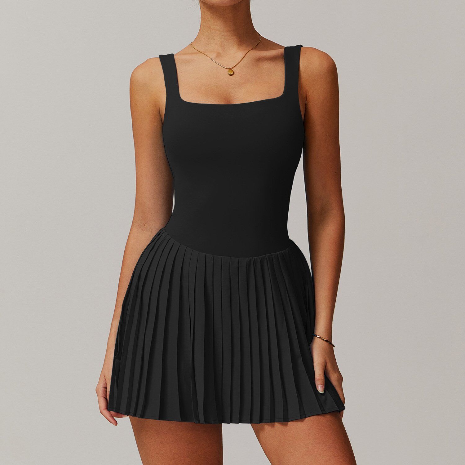 Built In One Pieces Square Collar Pleated Shorts Tennis Dress H002 - Image 8