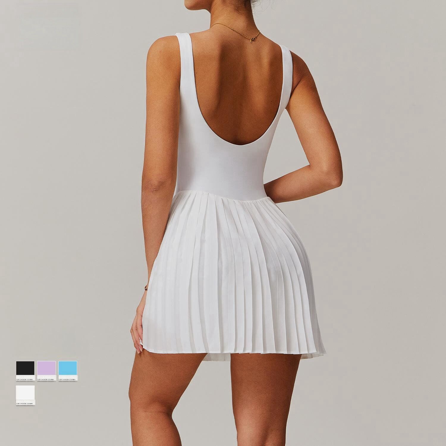 Built In One Pieces Square Collar Pleated Shorts Tennis Dress H002 - Image 5