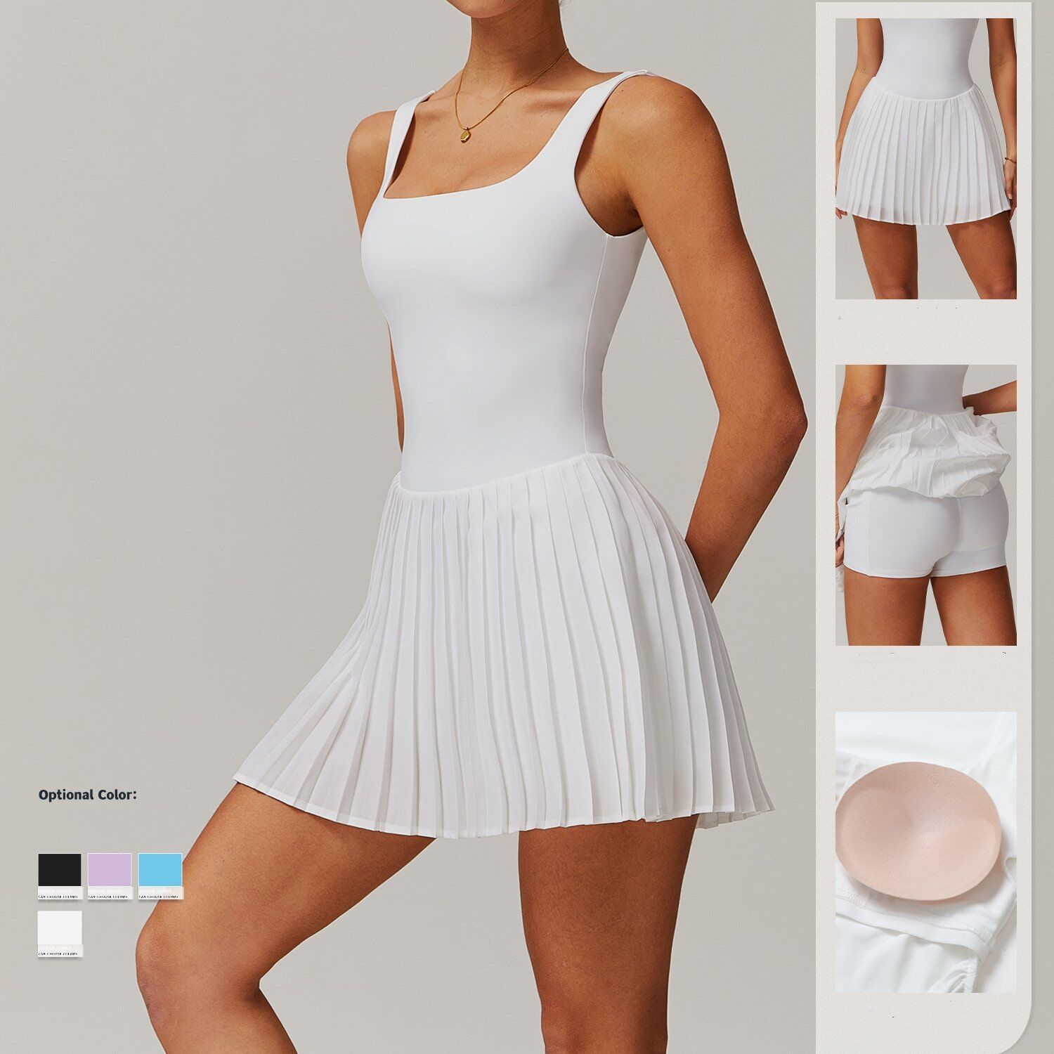 Built In One Pieces Square Collar Pleated Shorts Tennis Dress H002 - Image 4