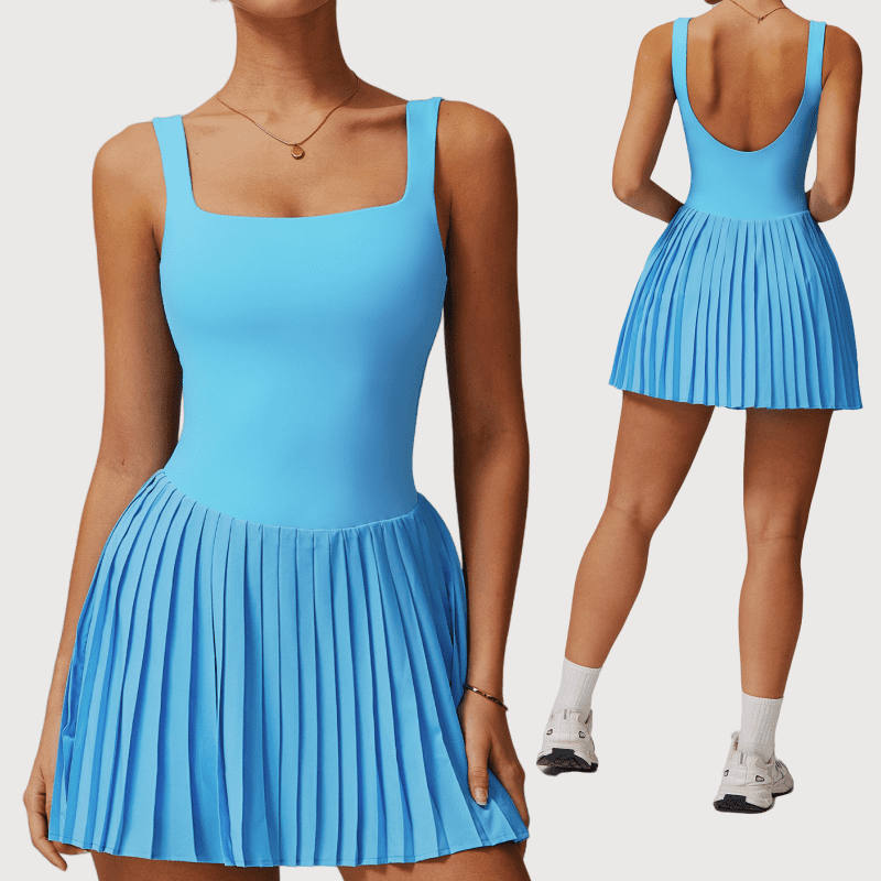 Built In One Pieces Square Collar Pleated Shorts Tennis Dress H002 - Image 2